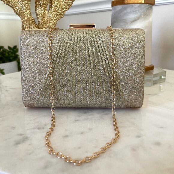 Gold Shimmer Pleated Front Clutch, Champagne Clutch Bag, Fancy Evening Bag - Picture 1 of 9